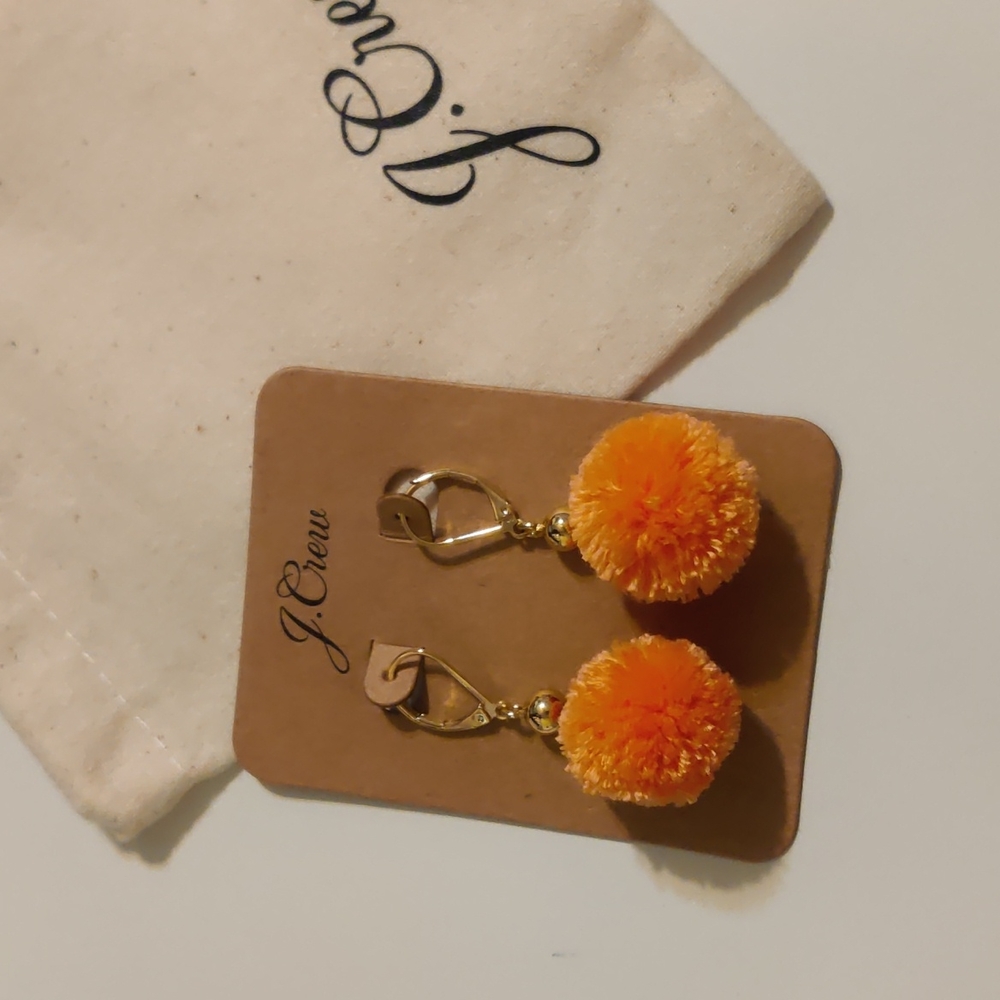 J. Crew Mini Pom Pom Earrings New! Orange peony - Picture 6 of 6